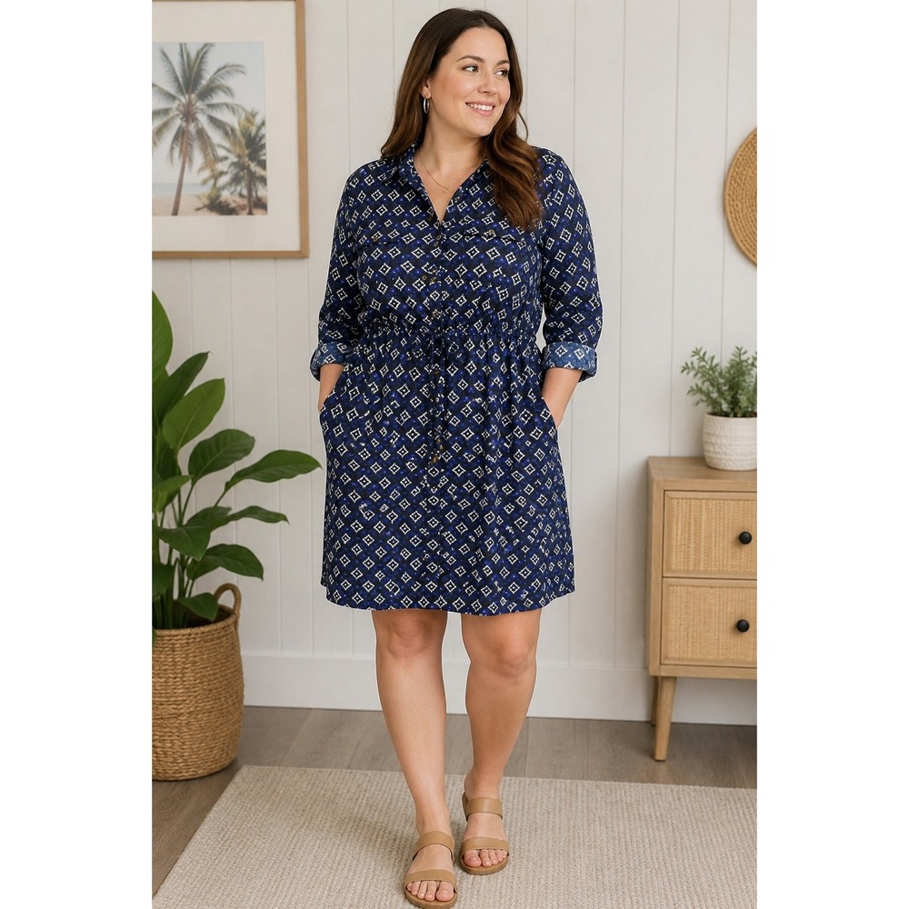 Indulge in Style Shirt Dress Womens 1X Blue Geometric Ikat Drawstring Roll-Tab